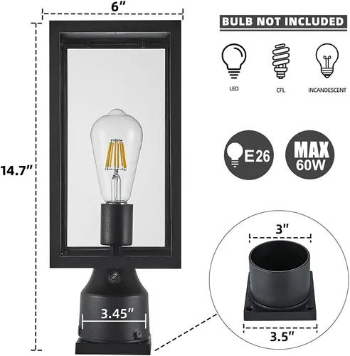 Miniatura 4 de Windben Luz grande de poste para exteriores de 15 pulgadas, del atardecer al amanecer, lámpara de aluminio fundido impermeable, farol de poste