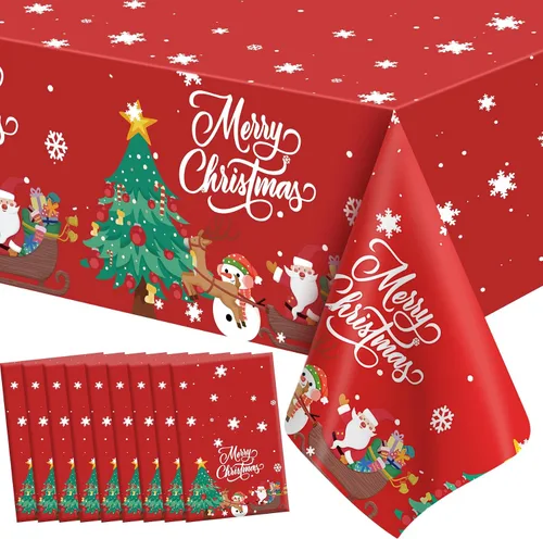 Miniatura 14 de Mantel de Navidad, 2 piezas de mantel desechable de plástico rojo, mantel de 54 x 108 pulgadas para decoraciones de Navidad, mantel de árbol