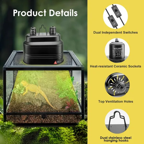 Miniatura 2 de MIXJOY Lámpara de reptil doble, máximo 160 W cada lámpara de calor con interruptores separados, se adapta a luz de reptil/lámpara de calor/luz UVB