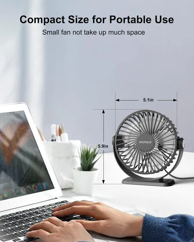 Miniatura 4 de TriPole Ventilador de escritorio pequeño alimentado por USB, ventilador portátil de 3 velocidades, mini ventilador de flujo de aire fuerte, rotación