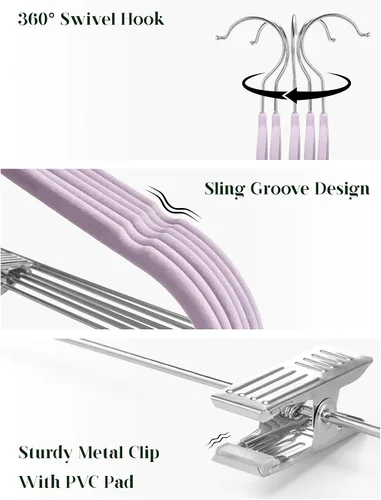 Miniatura 3 de Cozymood Perchas de terciopelo para faldas, paquete de 24, perchas moradas con clips, ultrafinas, antideslizantes, perchas para pantalones, ahorran