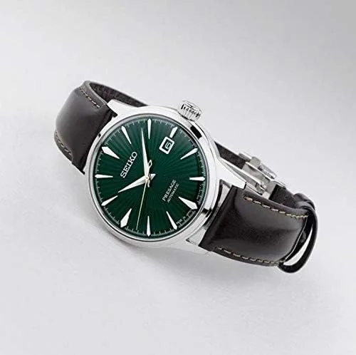 Miniatura 5 de SEIKO Mens PRESAGE 'Mockingbird' Cocktail Dial verde con reloj de cuero marrón SRPD37J1, Blanco, Moderno