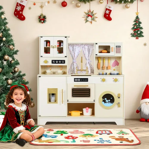Miniatura 2 de Costzon Cocina de Juego para Niños, Set de Juego de Cocina de Juguete de Madera con Máquina de Hielo, Cafetera, Lavadora, Cortina, Microondas