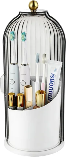 Miniatura 7 de Organizador de cepillos de dientes de baño, organizador de almacenamiento de cepillos de dientes giratorio de 360° con cubierta a prueba de polvo