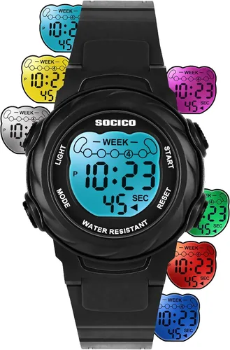 SOCICO Relojes digitales para niños y niñas, 7 luces de color impermeables, reloj deportivo para exteriores con cronómetro, alarma, fecha, gran