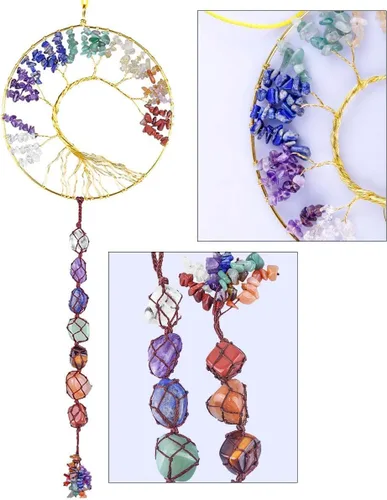 Miniatura 3 de rockcloud Cristales curativos 7 piedras de chakra, árbol de la vida, colgador de pared, piedras preciosas caídas, adorno colgante y 10 piezas