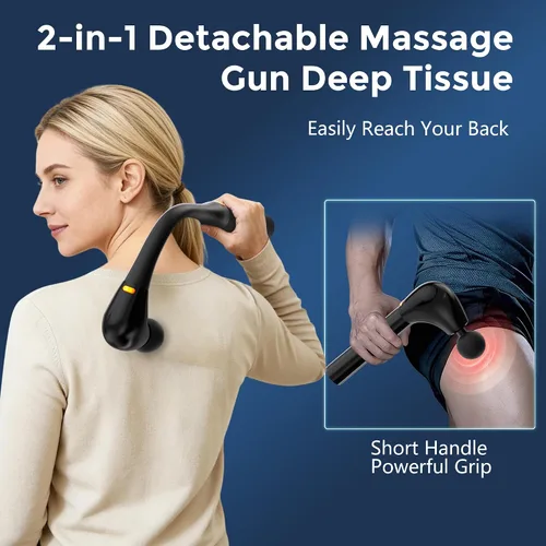 Miniatura 2 de Pistola de masaje de tejido profundo con mango de extensión, percusión profesional, masajeador de espalda 2 en 1 desmontable para aliviar el dolor