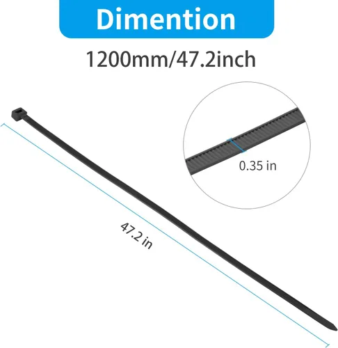 Miniatura 3 de XINGO Bridas de cremallera negras de 48 pulgadas para trabajo pesado 25 PCS, 200 LBS Bridas de alambre de plástico ultra fuertes, Bridas de cable