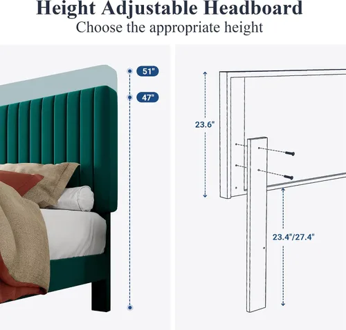 Miniatura 6 de Allewie Base de cama matrimonial, cama de plataforma tapizada de terciopelo con cabecera capitoné de canal vertical ajustable, base de colchón