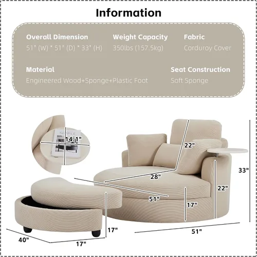 Miniatura 2 de Yoglad Silla redonda giratoria de gran tamaño, sillas de 360 grados con bandeja otomana para reposabrazos ideal para sala de estar, dormitorio