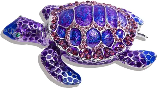 YU FENG Caja de joyería de figura de tortuga marina con bisagras coleccionables de cristal con bisutería decorativa de tortuga de animales (morado)