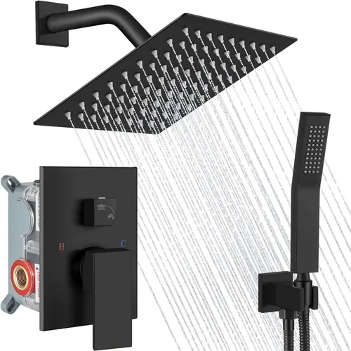 Midanya Juego de grifo de ducha, sistema de ducha de montaje en pared con cabezal de ducha de lluvia cuadrado y rociador manual, cuerpo de válvula