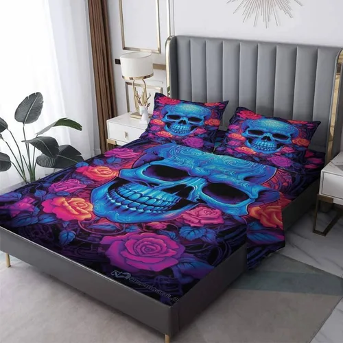 Miniatura 11 de Juego de sábanas de calavera tamaño individual, sábanas de microfibra suave con bolsillo profundo, sábanas y fundas de almohada estampadas sin