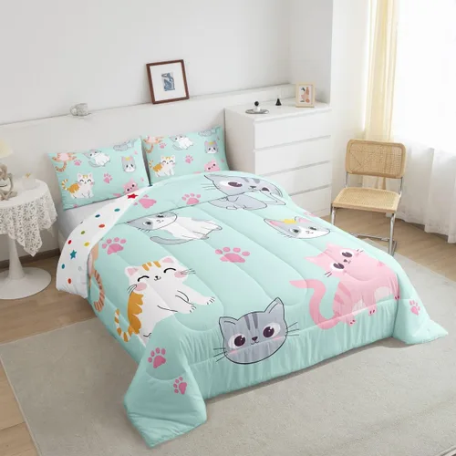 Miniatura 5 de Erosebridal Juego de ropa de cama para niños, tamaño individual, diseño de gatos de dibujos animados, para niñas, niños y adolescentes, edredón