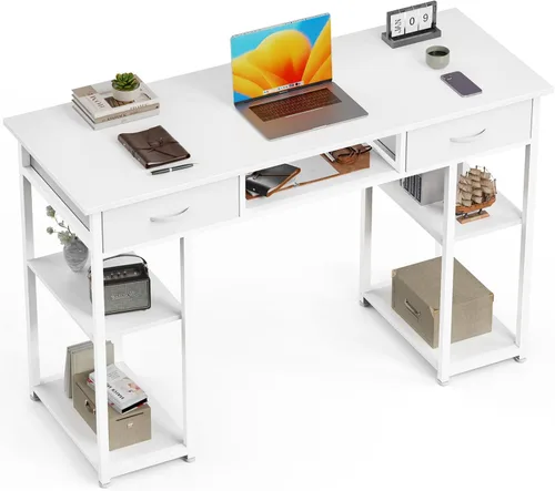 Miniatura 9 de Escritorio para computadora de 47 pulgadas con 2 cajones, escritorio de oficina en casa con estantes de madera, mesa de PC de escritura de estudio