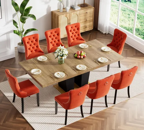 Miniatura 37 de Juego de mesa de comedor extensible de 5 piezas para 4-8 personas, 63-78 pulgadas, juego de mesa de cocina con 4 sillas tapizadas en terciopelo