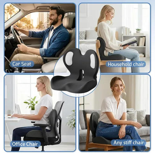 Miniatura 8 de Cojín de asiento, cojín de espuma viscoelástica para silla de oficina y automóvil, cojín ergonómico para coxis para coxis, nervio ciático, alivio