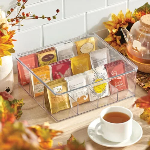 Miniatura 2 de mDesign Organizador de cocina de plástico, práctica caja de almacenamiento con 12 compartimentos y tapa con bisagras, caja de almacenamiento