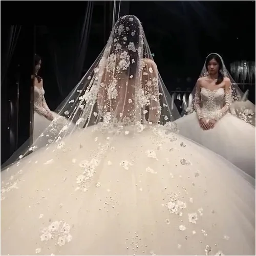 HEMOTONE Tocado de lujo con cuentas de diamantes de imitación para novia, velo de catedral con peine largo de tul (color champán, tamaño 137.8in)
