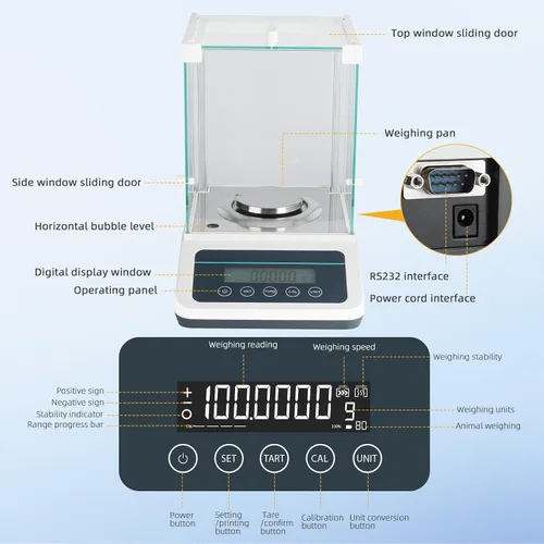 Miniatura 2 de Báscula de laboratorio de precisión de 0.00 oz, balanza analítica, balanza electrónica de laboratorio con pesos digitales e interfaz RS232