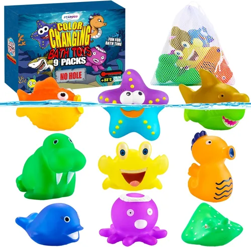 Paquete de 9 juguetes de baño que cambian de color sin agujeros para niños pequeños, bebés, juguetes de mesa de agua que cambian de color, criaturas