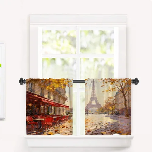 Miniatura 17 de Cortinas opacas de cocina con pintura al óleo de Europa rosa y negra para ventanas, cenefas opacas modernas de torre Eiffel de poliéster multicapa