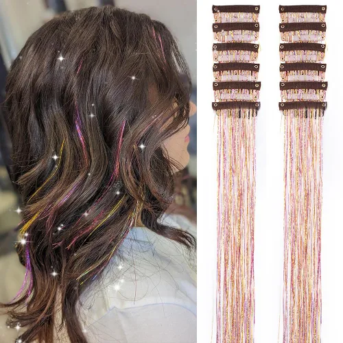 Miniatura 10 de Paquete de 12 extensiones de cabello de oropel con clip, paquete de 12 unidades, 20 pulgadas, extensiones de cabello de oropel con purpurina, negro#