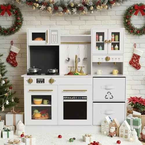Miniatura 8 de MAMIZO Cocina de juego para niños, cocina de juguete de simulación de madera, juego de cocina Toodler, estufa con luz y sonido, fregadero, Blanco