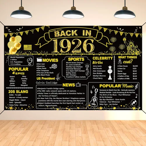 DARUNAXY 100 cumpleaños de oro negro decoración de fiesta, pancarta de "Back in 1926" póster de fiesta de 100 años suministros, 6x3.6 pies gran