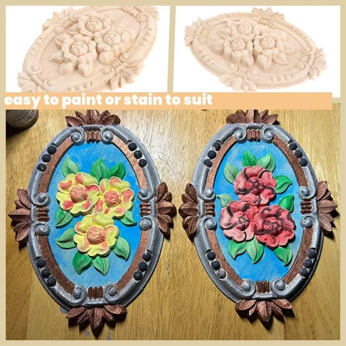 Miniatura 5 de Apliques de madera, adornos decorativos de madera, adornos tallados en rosas para muebles, calcomanías ovaladas de talla central para puerta