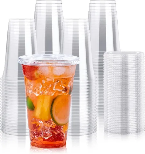 Miniatura 11 de Lilymicky 200 juegos de vasos de plástico transparente de 10 onzas con tapas planas, vasos desechables de 10 onzas para batidos, Slurpee o cualquier