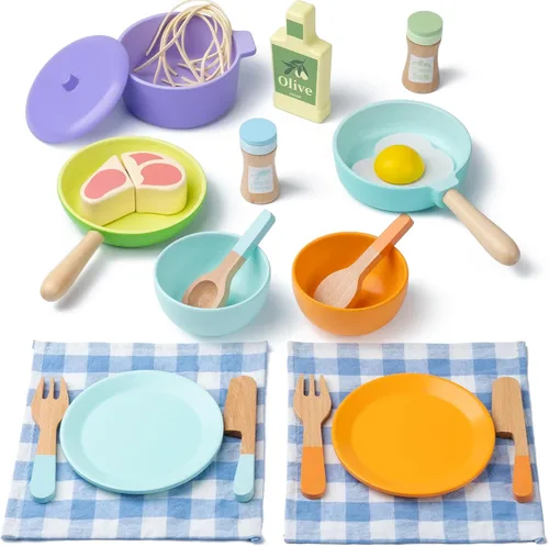 Juguetes de cocina de madera para niños pequeños, accesorios de cocina de simulación Montessori, juegos de alimentos de juguete para cocina de