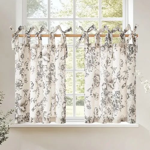 JINCHAN - 2 cortinas con estampado floral, de lino, 24 pulgadas, tipo café, de media altura, para ventanas pequeñas, para colocar sobre el fregado,