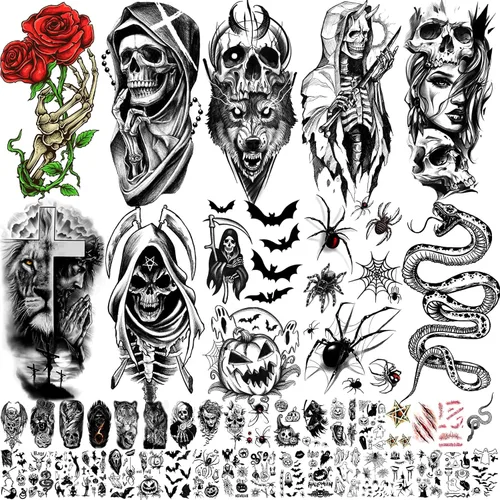 Miniatura 10 de Zeecdatoo 34 hojas de tatuajes de Joker, tatuajes temporales de Halloween para disfraces de cosplay de Halloween y accesorios de fiesta, tatuajes