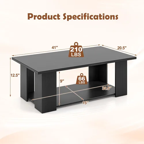 Miniatura 2 de Giantex Mesa central rectangular de madera, mesa de té moderna grande de 41 pulgadas y 2 niveles con compartimento abierto, fácil montaje, mesa