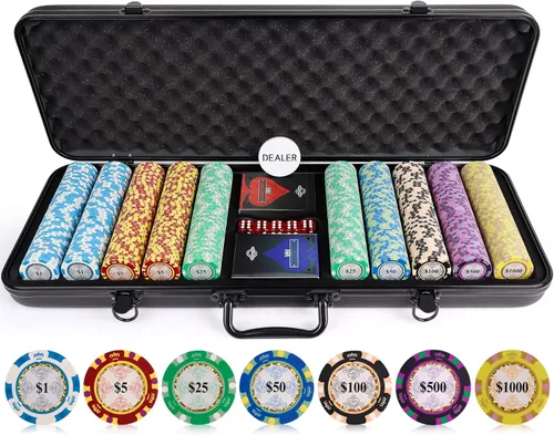 Versa Games Juego de fichas de póquer – Fichas de póquer de grado casino de 0.48 oz, denominación de fichas de 7 colores – 2 mazos de cartas, dados,