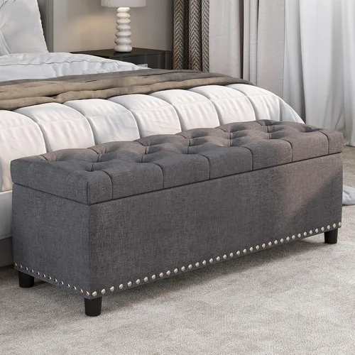 Miniatura 14 de BELLEZE Otomana de almacenamiento, otomana copetuda con bisagra de cierre, reposapiés para sala de estar (beige, 31 pulgadas)