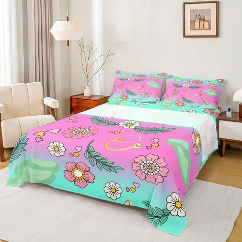 Miniatura 64 de Erosebridal Nurse Sheet Set Stethoscope Twin Sheets Set for Teen Boys,Colorful Medical Healthcare Heartbeat Syringe Fitted Sheet