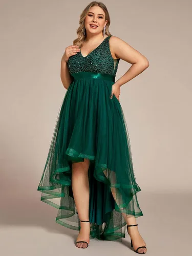 Miniatura 3 de Ever-Pretty Womens Double V Neck A Line High Low Sequin Tulle Plus Size Formal Evening Dresses 0147A-DA
