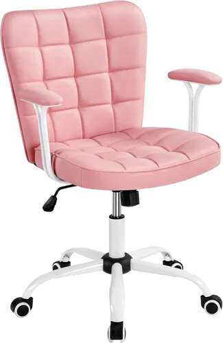 Miniatura 10 de Yaheetech Silla de escritorio de piel sintética con respaldo medio, ajustable, inclinable, moderna, tapizada, con reposabrazos acolchados Blanco