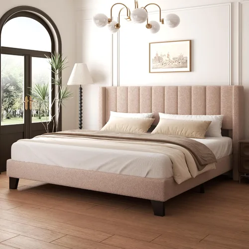 Miniatura 10 de Marco de Cama Queen con Cabecero Tapizado Marco de Cama de Plataforma con Cabecero de Terciopelo Teddy, Soporte de Listones de Madera/Diseño de Gris