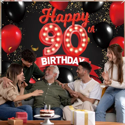 Miniatura 5 de Cartel de feliz cumpleaños 90, fondo rojo y negro, decoración de telón de fondo con globos, tema para niñas, mujeres, princesas, decoración