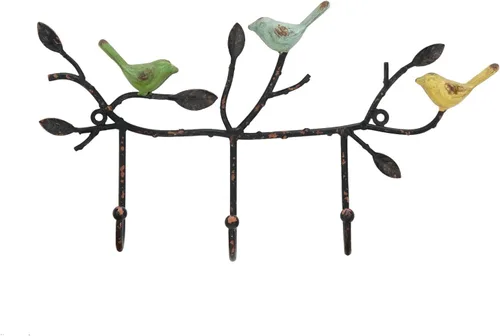 SOFFEE DESIGN Perchero vintage de pared con 3 ganchos, pájaros de pie en rama de árbol con pintura rústica, resistente soporte para llaves para
