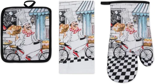 Miniatura 19 de Juego de ropa de cocina estampada Coffee Time de 3 piezas, 1 toalla de algodón, 1 agarradera, 1 guante de horno con lazo para colgar, material 100%
