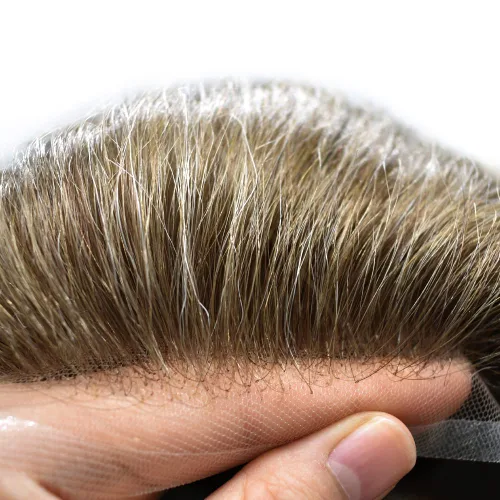 Miniatura 23 de Toupee para hombres, sistema de reemplazo de cabello humano Remy, nudos blanqueados, encaje frontal, piel fina, para hombre, color gris, pelucas