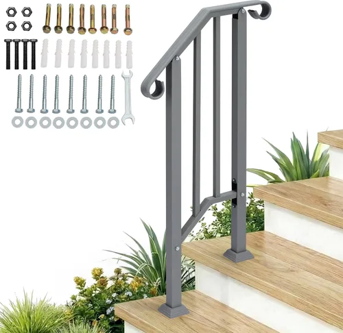 Miniatura 12 de Outvita Pasamanos para escalones al aire libre, pasamanos de hierro forjado para 2 o 3 escalones, pasamanos de transición con kit de instalación