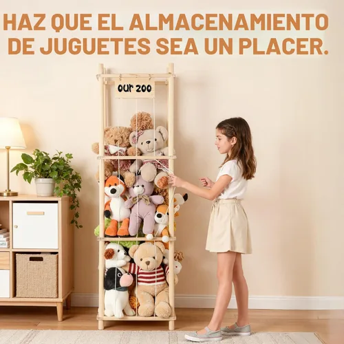 Miniatura 8 de LAMU Almacenamiento de animales de peluche, soporte de madera para animales de peluche con cordones elásticos, organizador de juguetes de ahorro