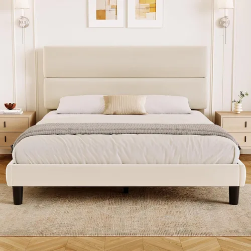 Miniatura 14 de GRUSIGN Base de cama de plataforma tamaño Queen con cabecera de terciopelo, soporte de listones de madera de altura ajustable, base de colchón Gris