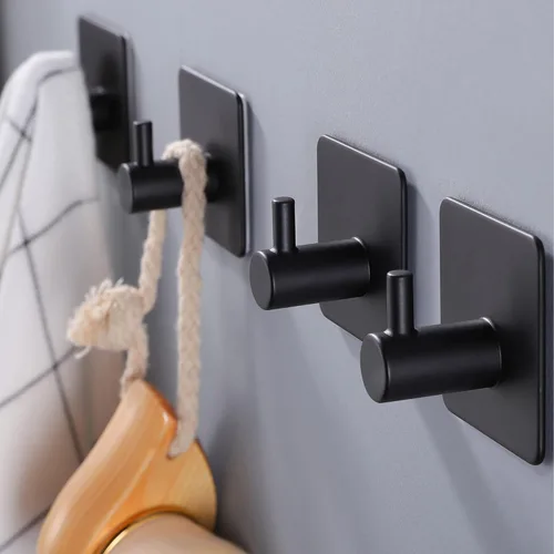 YIGII Ganchos adhesivos/Gancho para toalla - Ganchos de pared que se adhieren, resistentes para colgar toallas/abrigo/sombrero/bolso en baño, Negro-a