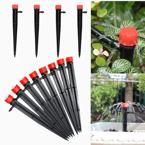 50 emisores de goteo para tubos de riego por goteo de 1/4 pulgadas, goteros de flujo de agua ajustables de 360 grados en estaca de flecha de 5